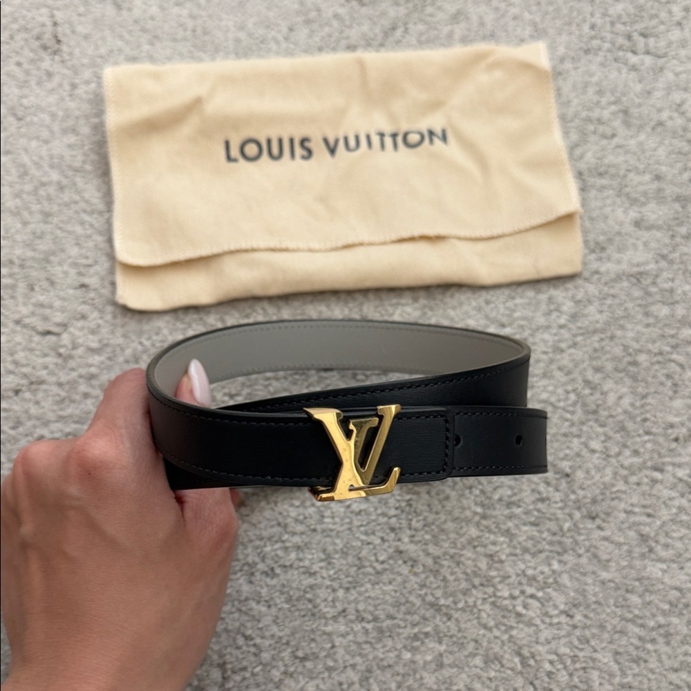 Louis Vuitton Dark Navy Leather Belt with Gold LV Buckle
